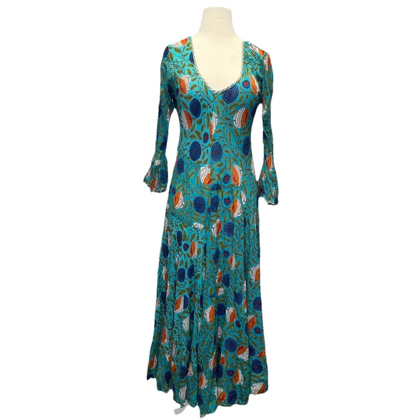 Passementrie Santa Fe Boho Maxi Dress Block Print Cotton Flare Sleeve Turquoise — image 2 of 8